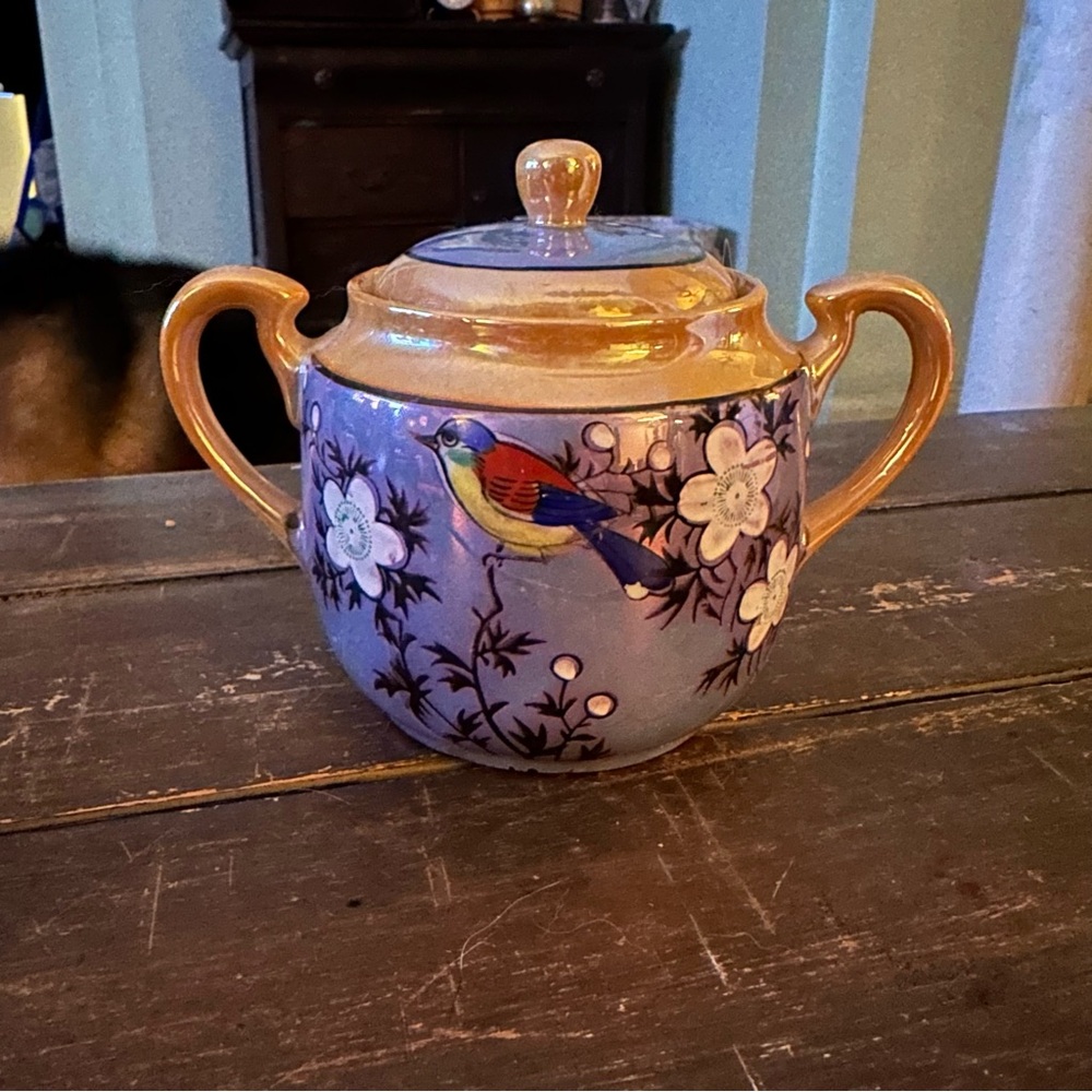 Vintage Hand Painted Japanese Lusterware Lidded Blue Sugar Bowl with Parrot